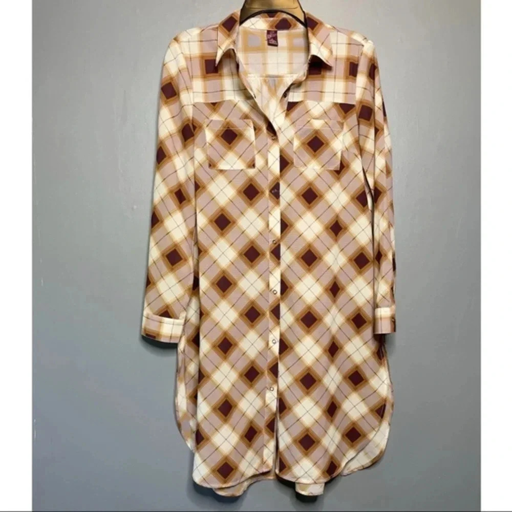 Prana orange and purple plaid button up long sleeve dress size xsmall